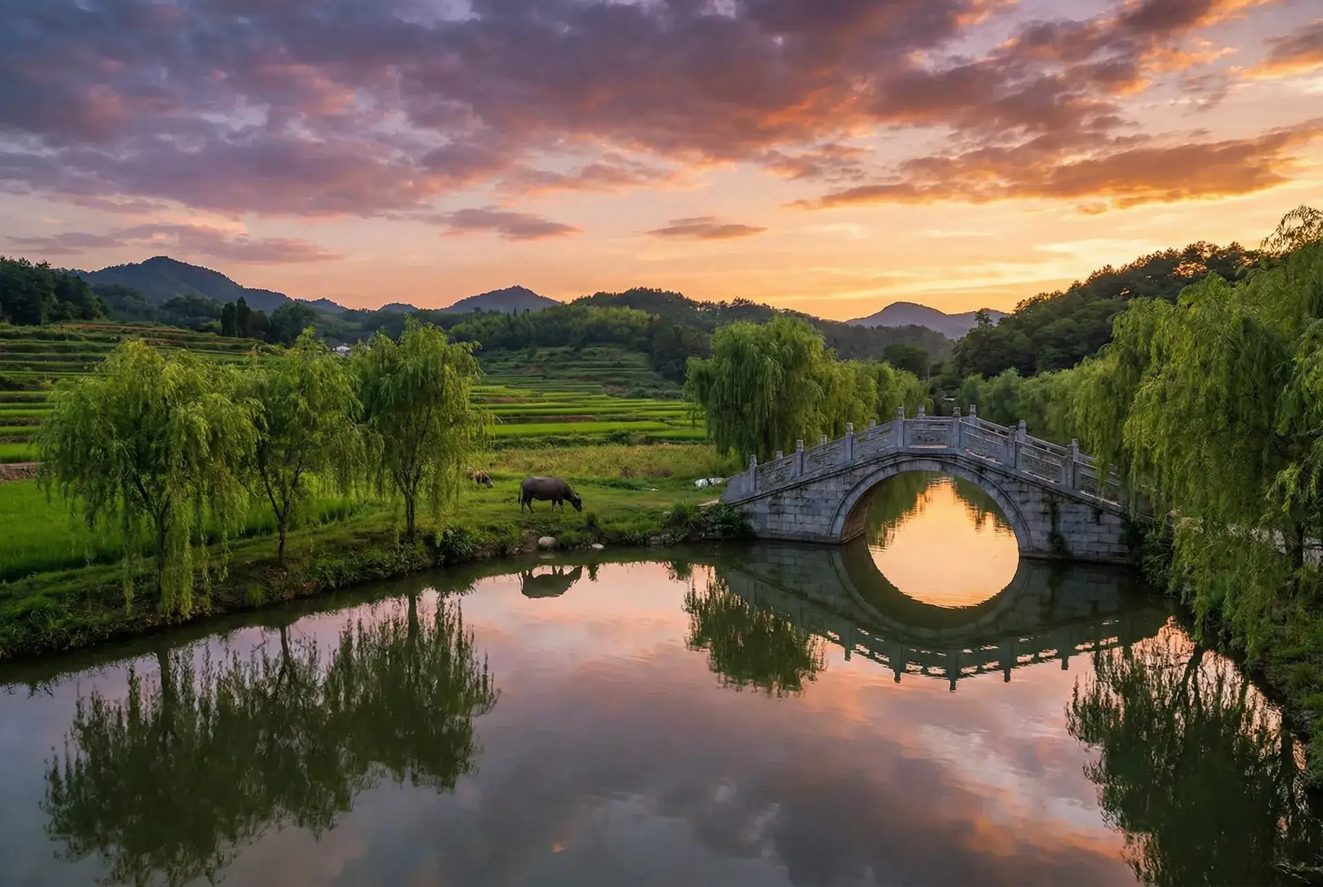 夕阳下的石拱桥与垂柳，水牛在河边吃草 - 洛克王国快速升级 乡村美景